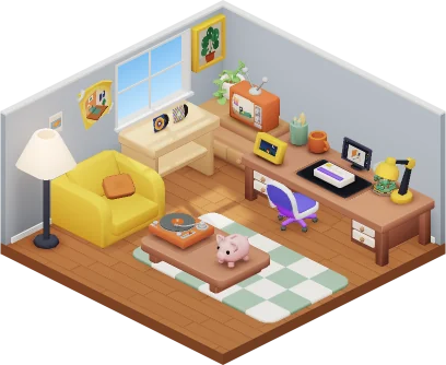 A small 3D room with a desk and a monitor, a record player, a TV, an armchair and drawings on the walls