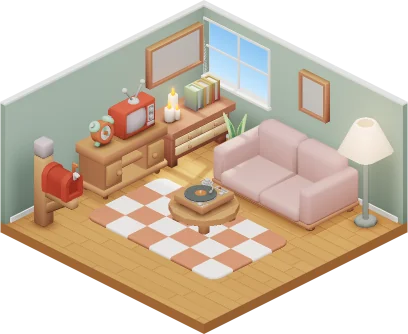 A small 3D room with a TV, a record player, a sofa and a mailbox