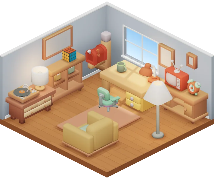 A small 3D room on Roomy with a desk, a record player, a TV and an armchair