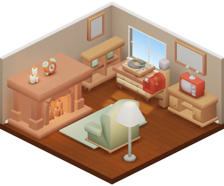 A small 3D room on Roomy with a fireplace, an armchair, a TV and a record player