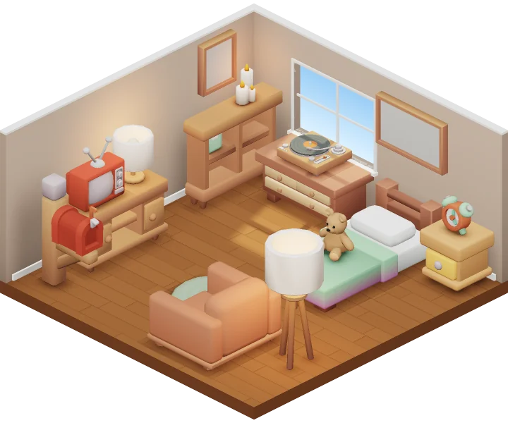 A small 3D room on Roomy with a bed, an armchair, a TV and a record player