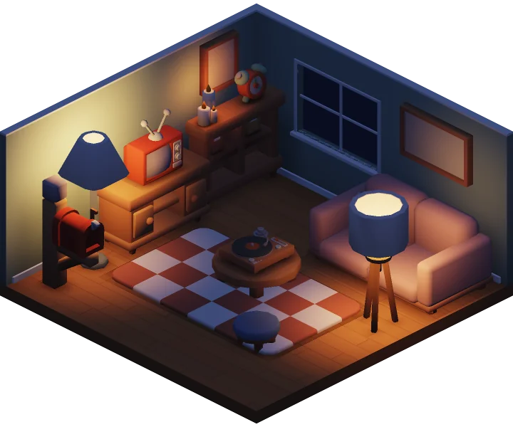 A small 3D room on Roomy with a sofa, a TV and a record player on a checked rug at night