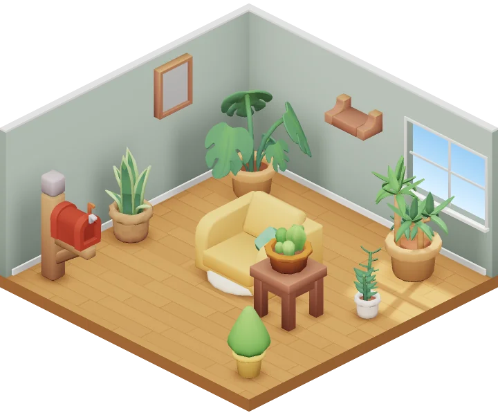A small 3D room on Roomy with an armchair among potted plants