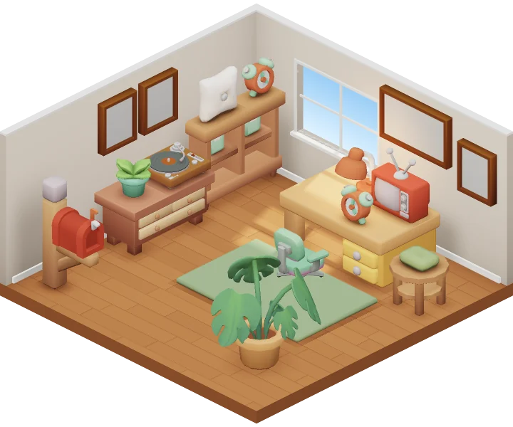 A small 3D room on Roomy with a desk with a TV, a record player and a plant