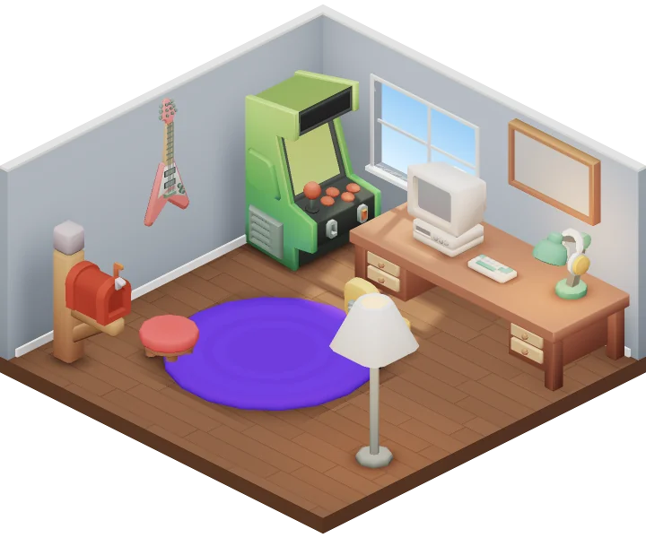 A small 3D room on Roomy with an arcade machine, a desk with a computer and a guitar on the wall