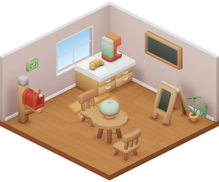 A small 3D room on Roomy with a café counter, a coffee machine and a little table